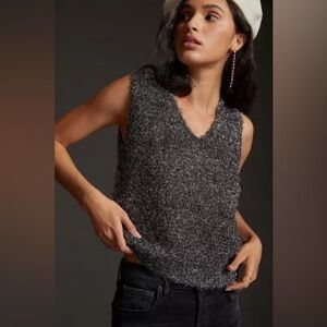Anthropologie Black Silver Shimmer Tinsel Sleeveless Sweater Vest in Size Small